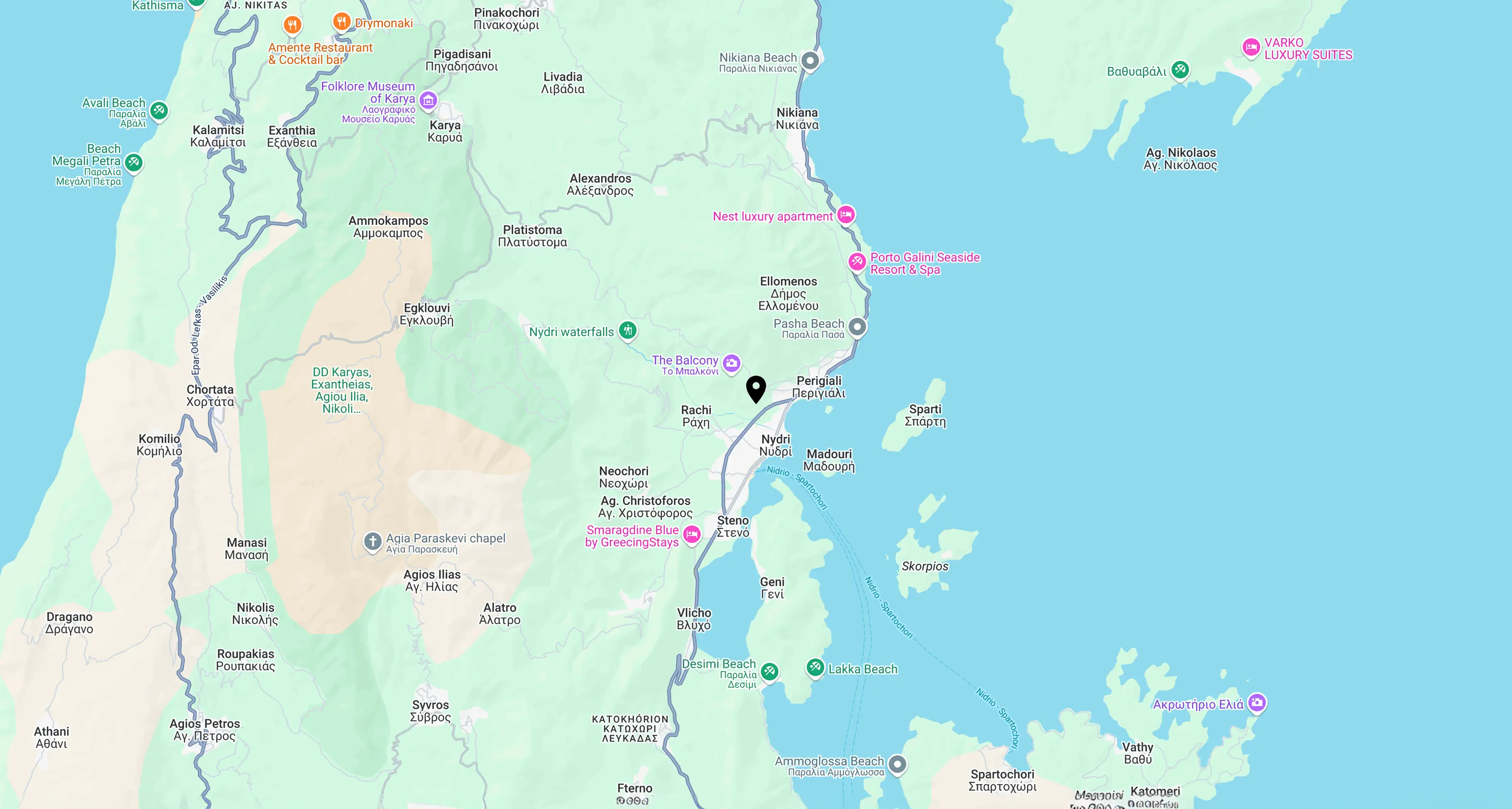 Map showing 180 Villas location in Perigiali Nidri, Lefkada